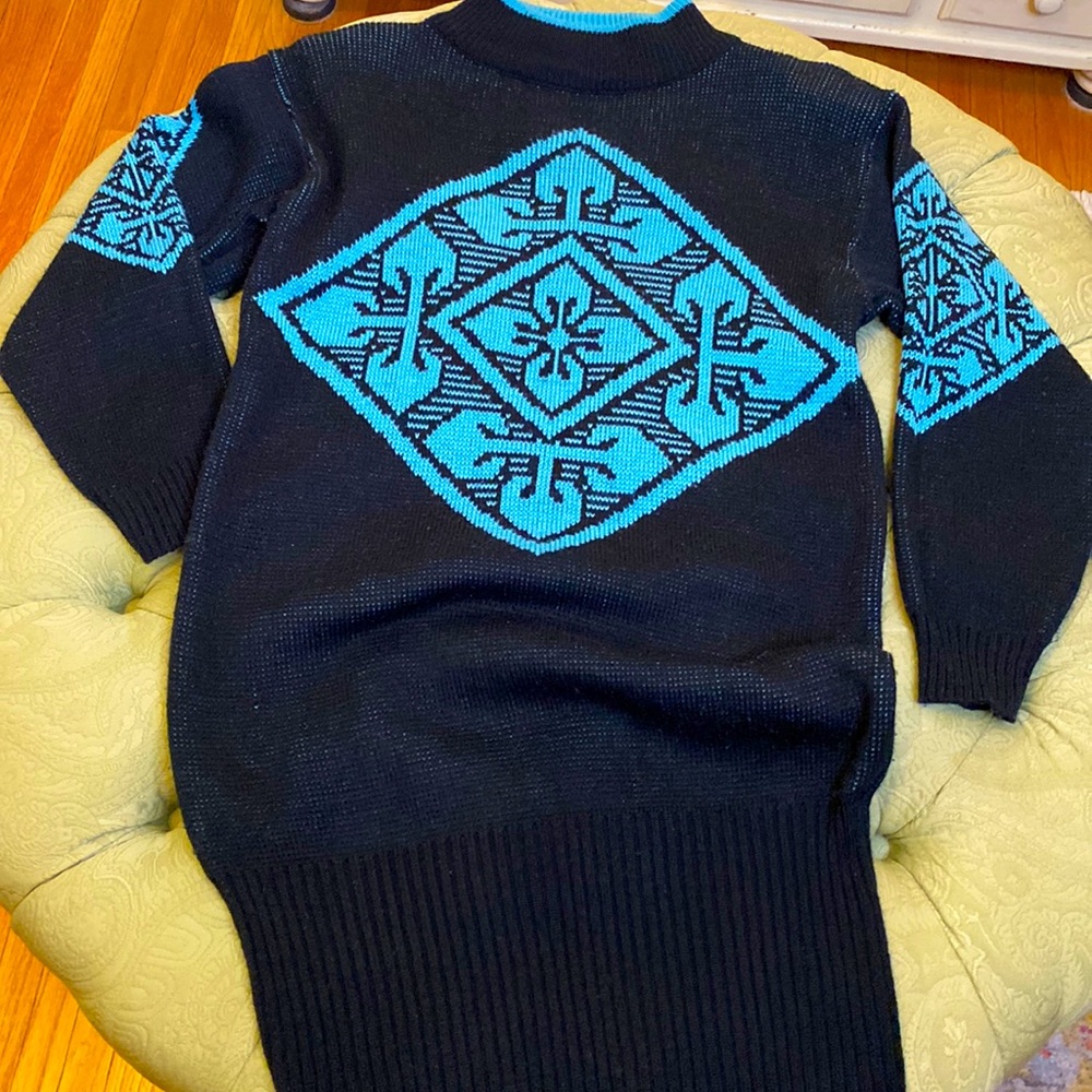 Dressy Tessy Vintage Sweater Dress Size Medium Black/Teal Geometric EUC
